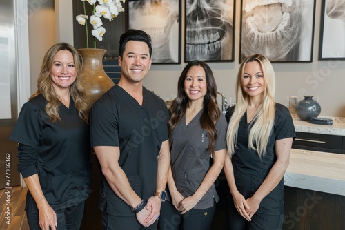 A group of dentists in professional attire posing together for a picture, showcasing teamwork and camaraderie in a dental setting photo