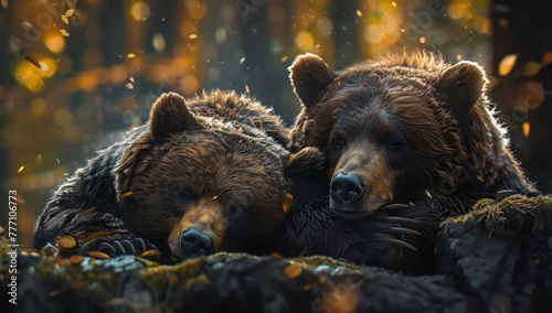 Serene Slumber Two Brown Bears Resting in the Forest Generative AI