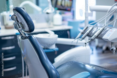 A state-of-the-art dental chair set up in a dentists office, ready for a procedure. The clinic offers gourmet dental experiences for patients