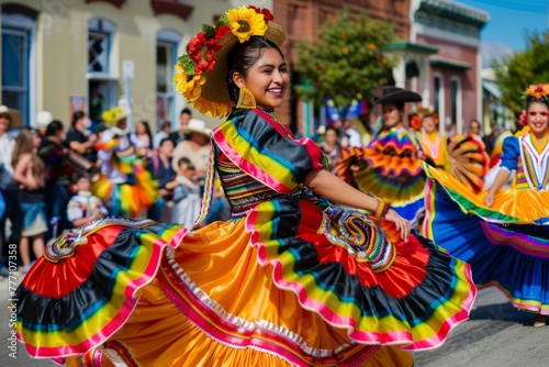 A woman in a vibrant, colorful dress dances joyfully amidst a bustling parade celebrating agricultural abundance and community spirit