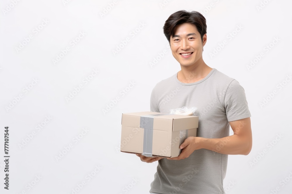 Happy Young Man Carrying a Cardboard Box. Asian man holding package parcel box. Delivery courier and shipping service concept on white background. Generative AI. Happy Young Man Carrying a Cardboard Box. Asian man holding package parcel box. Delivery courier and shipping service concept on white background. Generative AI.