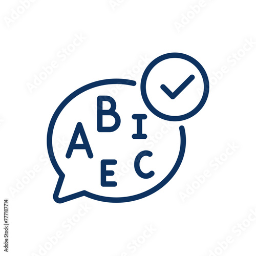 Fine Speaking Skills Icon. Thin Line Illustration of Speech Bubble with Letters and Check Mark, Denoting Language Proficiency and Communication Ability. Isolated Outline Vector Sign. 