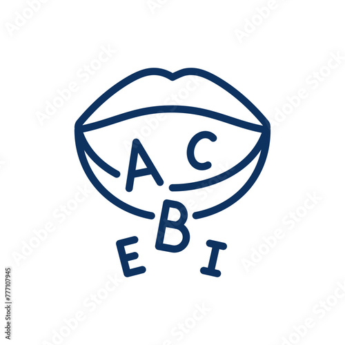 Phonetics and Speech Training Icon. Thin Line Illustration of a Mouth with Alphabet Letters, Representing the Articulation of Sounds in Language Learning and Speech Therapy. Isolated Vector Sign.	 photo