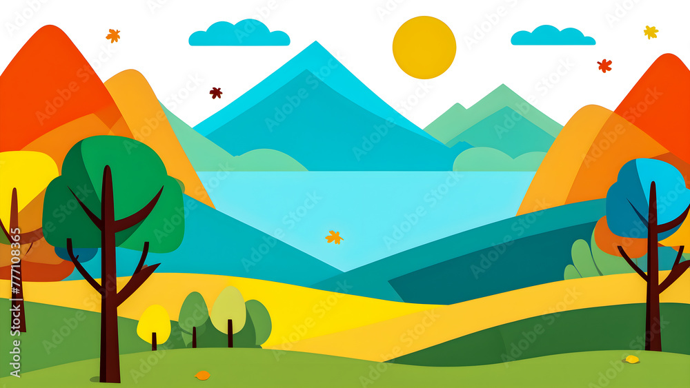 simple flat cartoon vector illustration of an autumn landscape with mountains, trees, and the sun