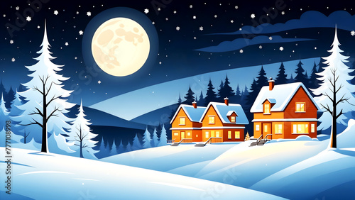 Snowy Christmas night landscape with houses, trees and a moon in the sky