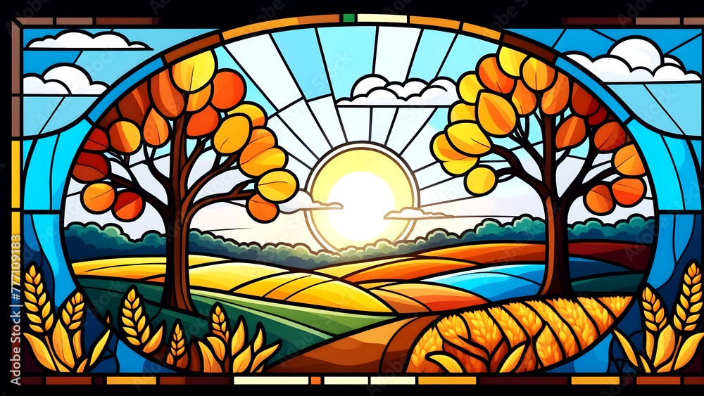 stained glass window art, colorful autumn landscape with trees, leaves and flowers