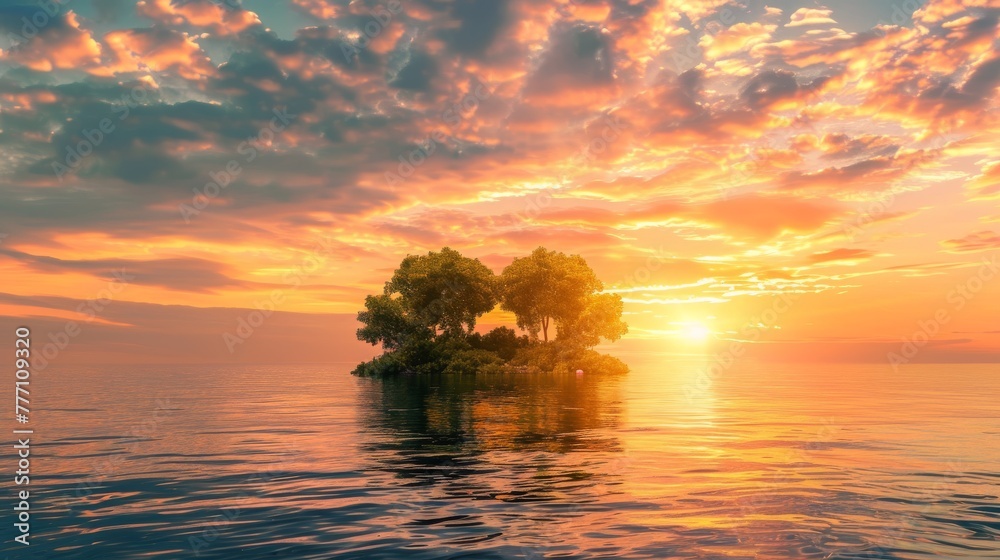 A serene island with trees stands in calm waters, basked in the warm glow of a sunset under a dramatic orange sky.