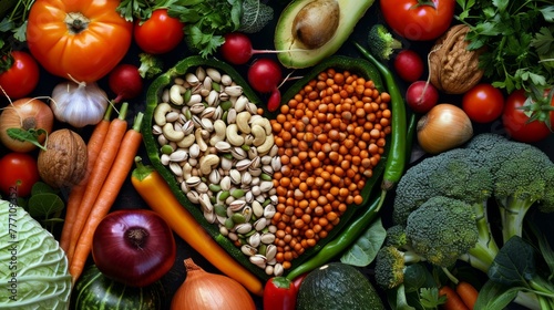 A heart-shaped assortment of nuts and legumes surrounded by an array of colorful vegetables, symbolizing heart-healthy nutrition.
