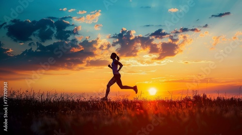 A woman's silhouette is captured in motion against a stunning sunset, embodying the essence of an active and healthy lifestyle.