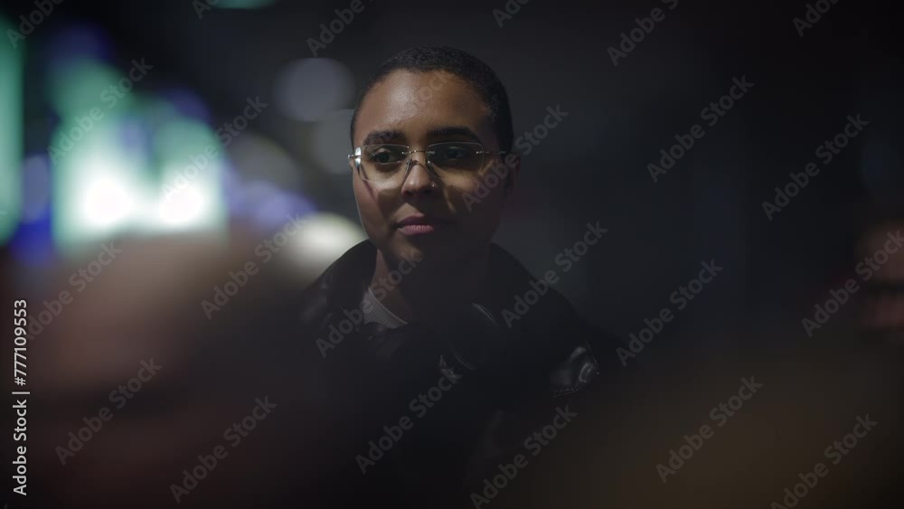 A mysterious woman wearing glasses and a leather jacket navigates through the city at night and encounters a diverse group of people, leading to an unknown destiny in a dark room A mysterious woman wearing glasses and a leather jacket navigates through the city at night and encounters a diverse group of people, leading to an unknown destiny in a dark room