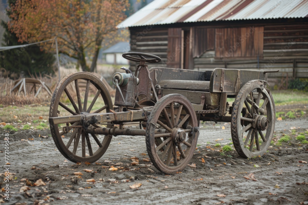 An antique farm tractor is parked on a dirt road surrounded by fields