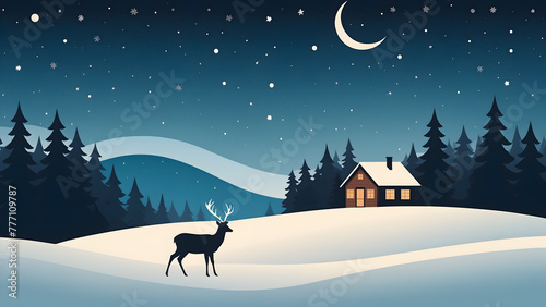 vector illustration of a snowy landscape with a deer and a small house, a night sky