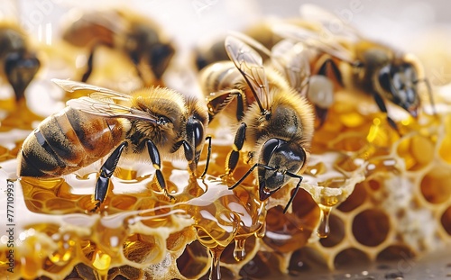 The Honeyed Symphony A Close-up View of Bees and Honey Production Generative AI