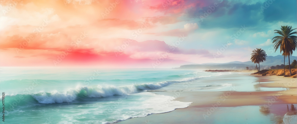 for advertisement and banner as Coastal Whispers Soft watercolor whispers of a coastal morning. in watercolor landscape theme theme ,Full depth of field, high quality ,include copy space on left, No n