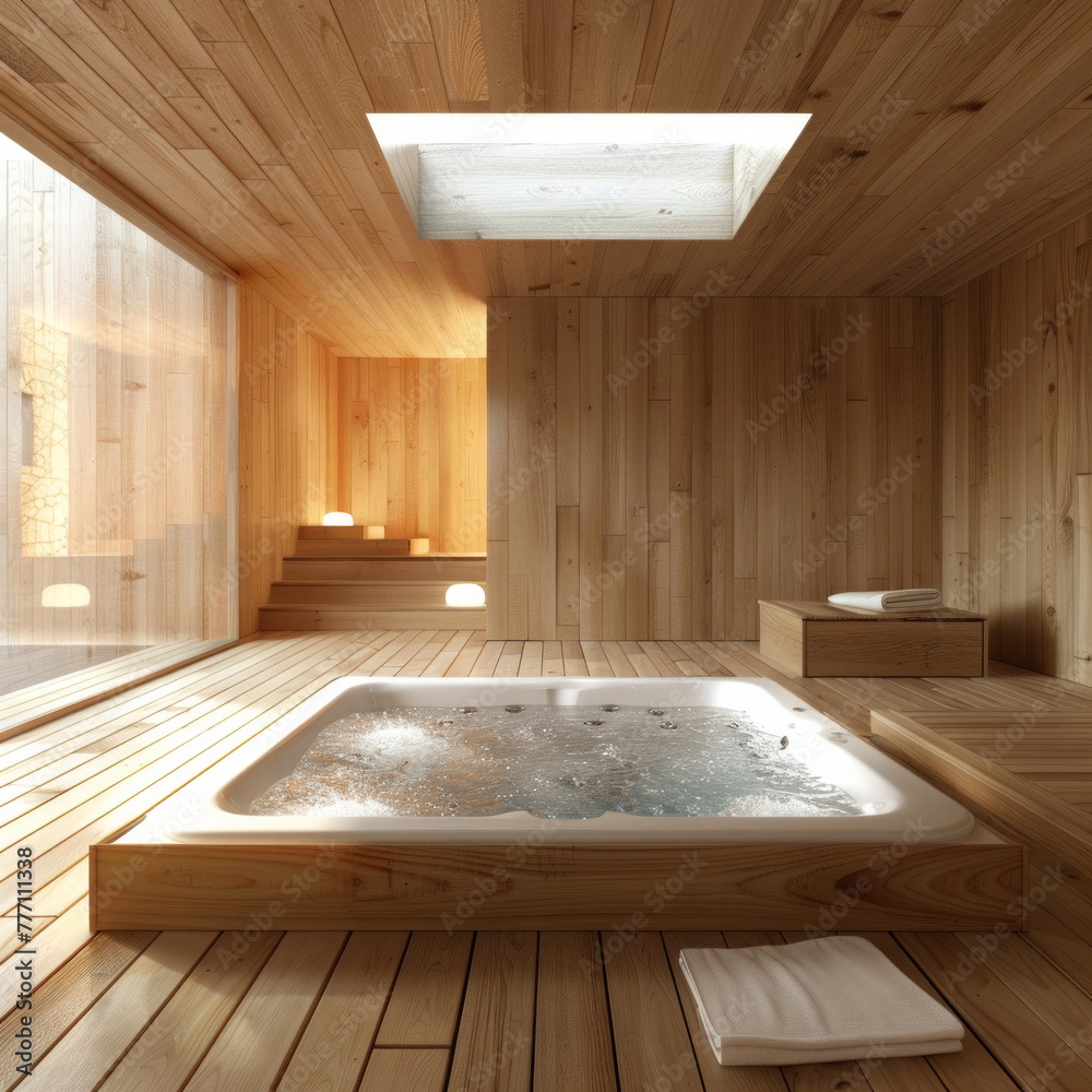 A jacuzzi inside a clean modern wooden space A jacuzzi inside a clean modern wooden space