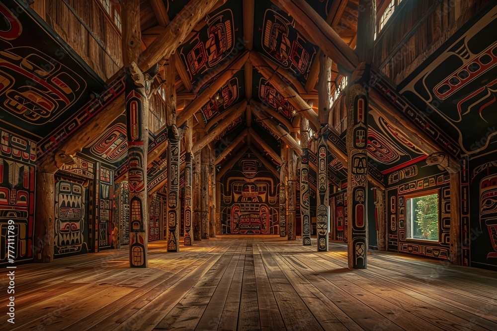 A stunning traditional Native American longhouse, with intricate carvings and vibrant colors
