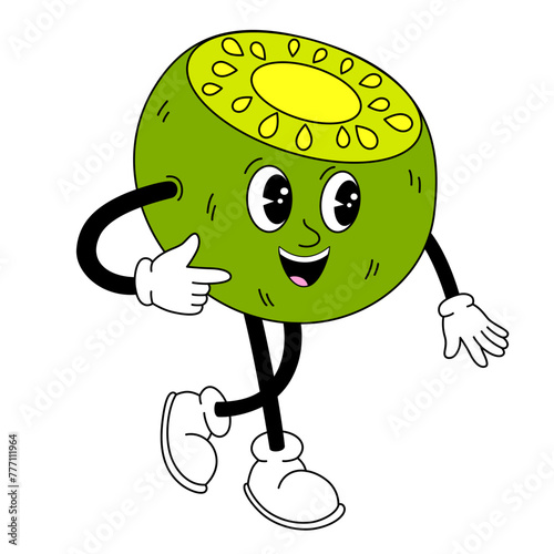 Groovy kiwi fruit. Hand draw Funny Retro vintage trendy style fruit cartoon character. Doodle Comic vector illustration
