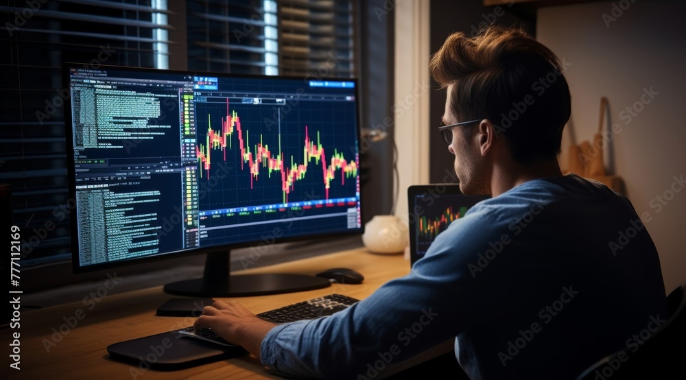 A young man in a suit is working on a table and looking at investment graphs, playing stocks, watching graphs on a computer screen. Generative AI. A young man in a suit is working on a table and looking at investment graphs, playing stocks, watching graphs on a computer screen. Generative AI.