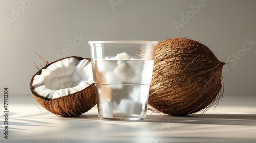 a glass filled with serene coconut water alongside tropical fruit mix and subtle water ice cubes - AI Generative