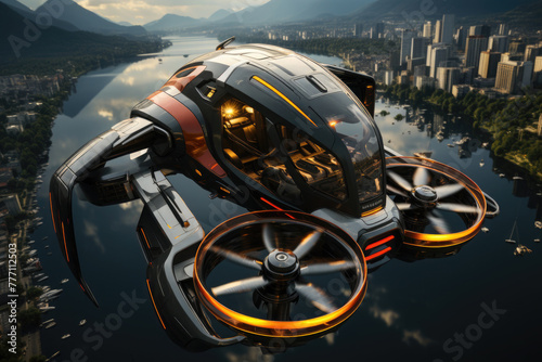 Modern future flying taxi. Unmanned aerial vehicle. Aero taxi over skyscrapers. A new era of urban air mobility. Future transportation