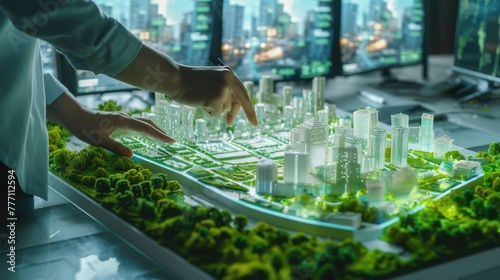 An urban planner interacts with a detailed city model, focusing on sustainable development and green spaces. AIG41