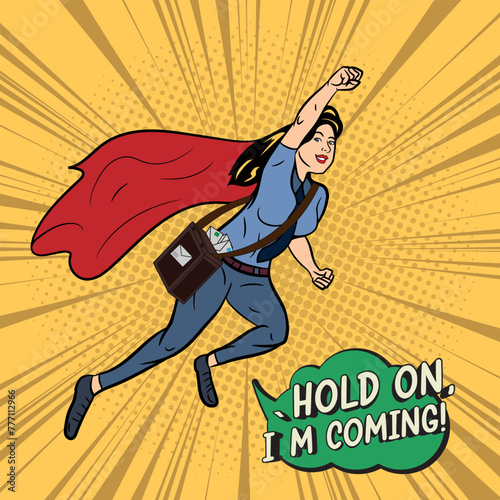 Woman postman newspaper deliver super hero Pop Art Comic Stock vector Illustration