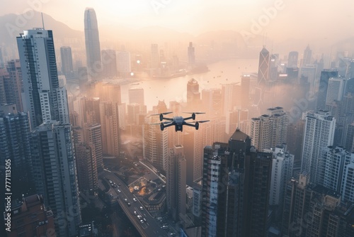 A plane flies over a bustling city with towering skyscrapers