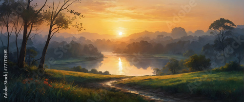 for advertisement and banner as Dawn Early Light Highlight the serene beauty of landscapes at sunrise. in Fresh Landscape theme ,Full depth of field, high quality ,include copy space on left, No noise