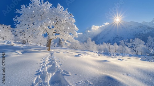 Radiant Sunrise in a Snowy Mountain Landscape Generative AI