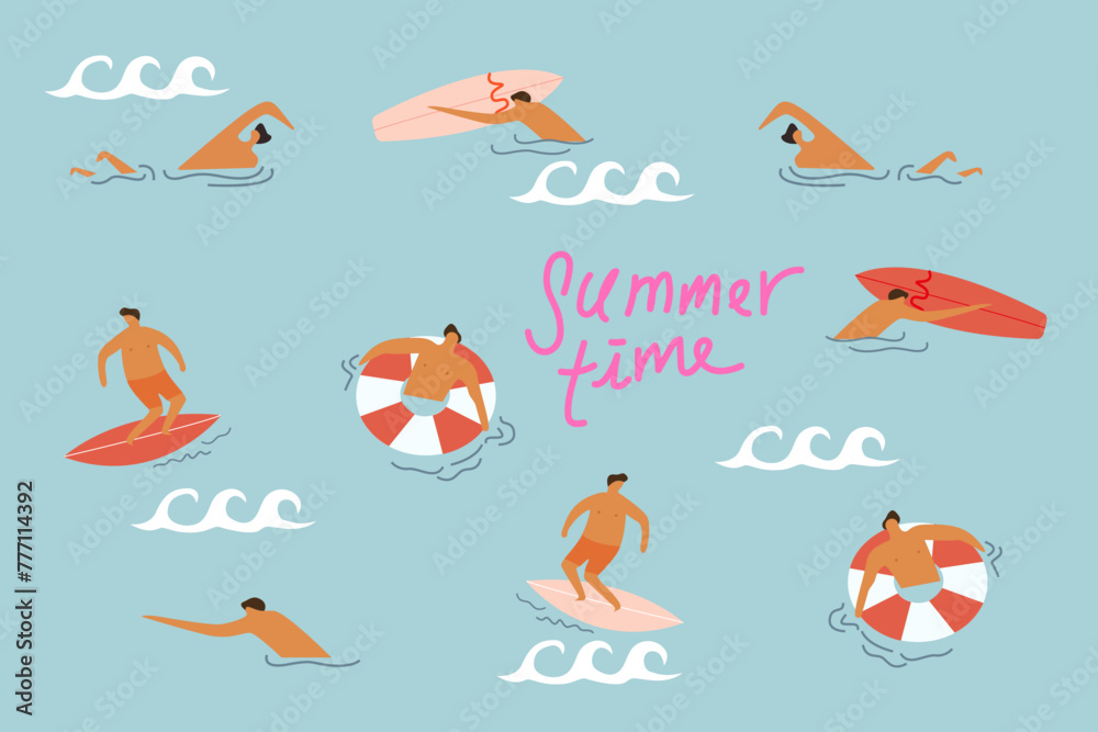 Summertime vector illustration on a blue background, flat people character, people swimming in the sea, summer swim hobbies