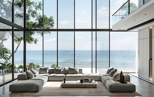 Beach house interior design, open concept living room with wide floor to