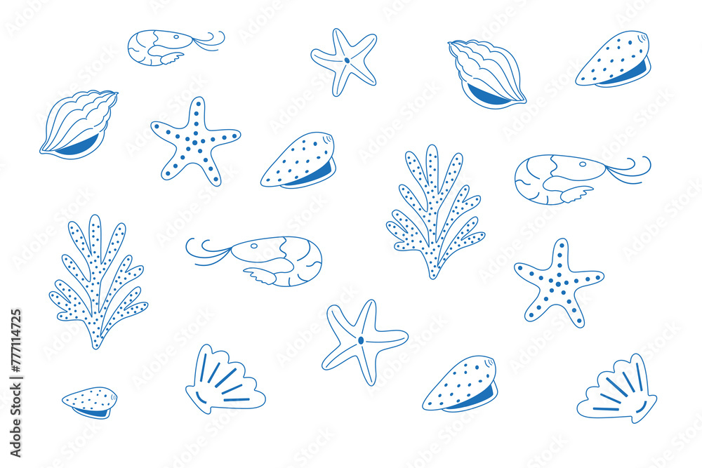 Vector fresh shellfish products pattern on a white background, seafood shop, restaurant menu, banner, textile print, line illustration of coral, shell and shrimps