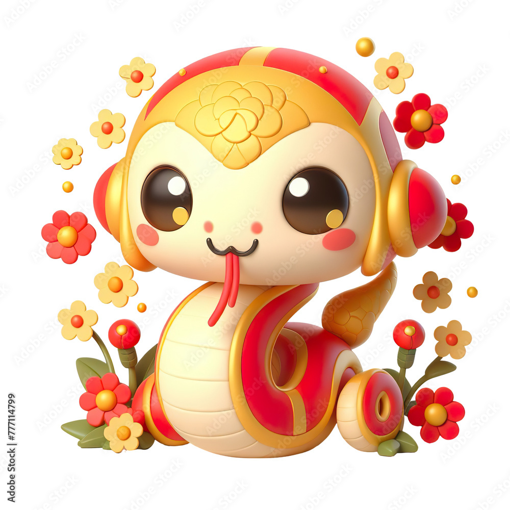 Naklejka premium Cute character 3D image concept art of a cute chinese snake. Red and yellow color scheme lunar new year ,flowers, white background isolated PNG