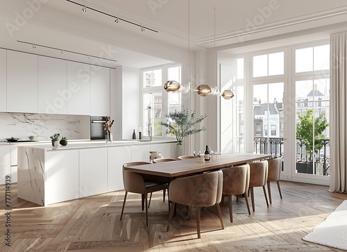Beautiful dining room in an apartment with white walls, wooden floor and large windows overlooking the city of Amsterdam, cozy chairs around table, modern kitchen on the left side © Waqar