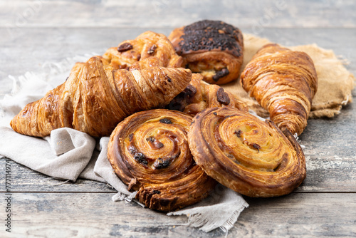 Set of bakery pastries on wooden table