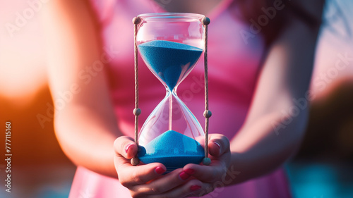 Woman's hand holding an hourglass on blue and pink background