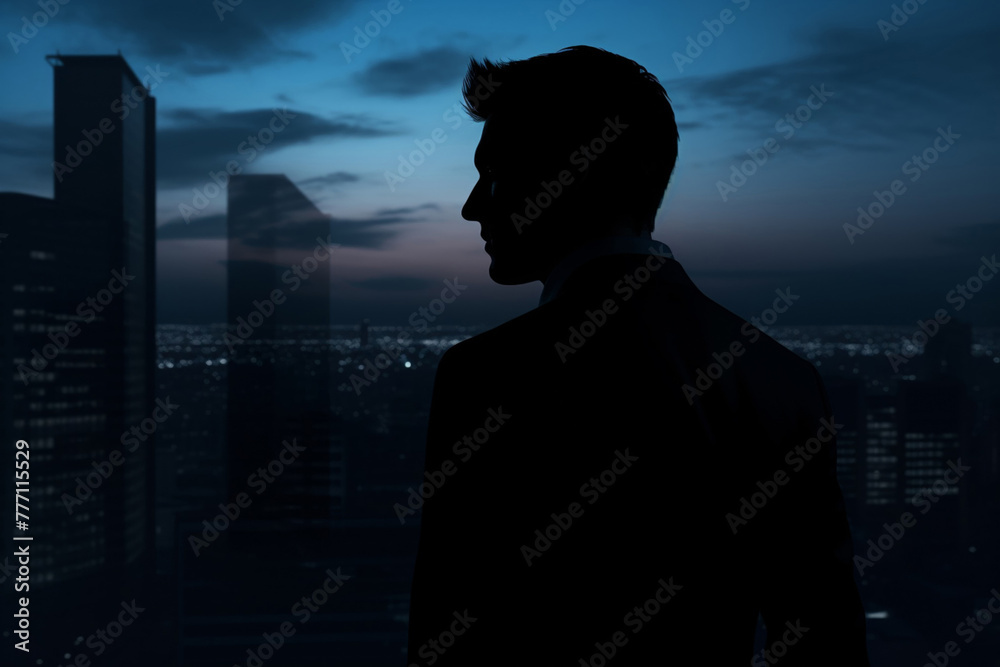 The man standing near the panoramic window on building construction. The man with a business suit standing near a panoramic window against a sunset. Generative AI.