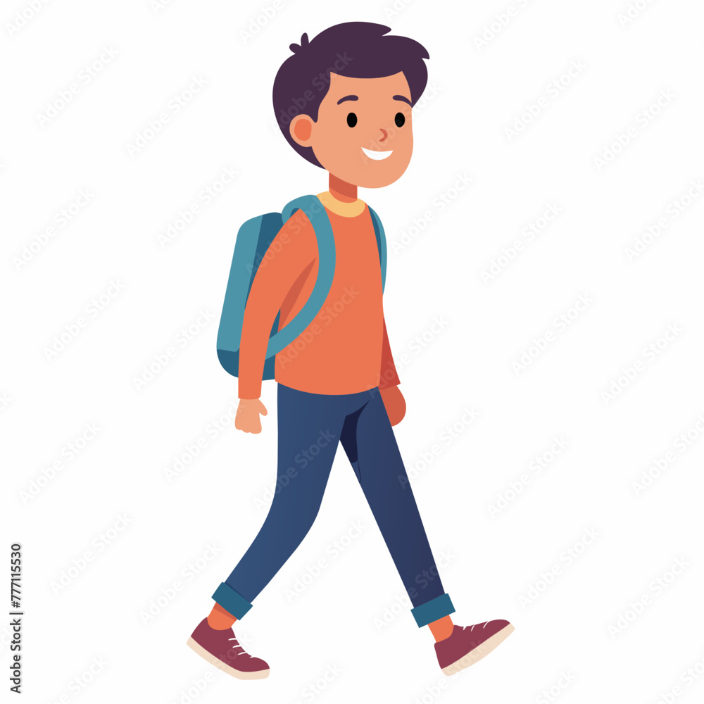 Illustrate a young student eagerly walking to school with a backpack slung over their shoulder against a clean white backdrop