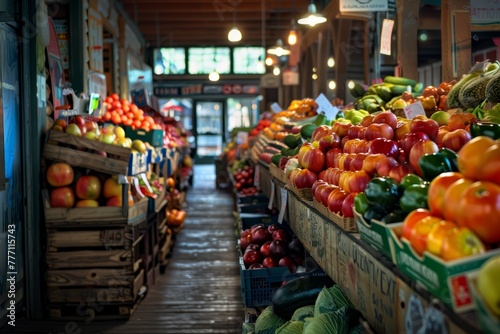 A store brimming with a colorful assortment of fresh fruits and vegetables, showcasing the vibrant atmosphere of a farmers market photo