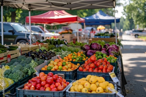 Various fruits and vegetables are neatly arranged on display at a bustling farmers market, showcasing the vibrant colors and freshness of the produce