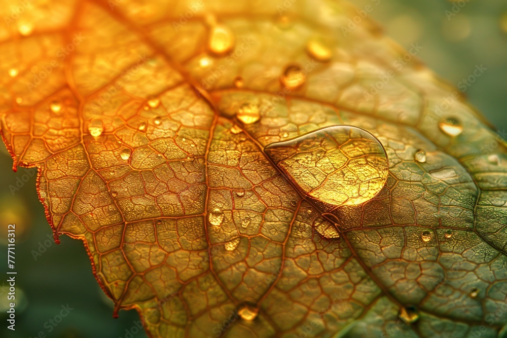 Fototapeta premium A close-up macro of an autumn leaf reveals its colorful veins and textured surface