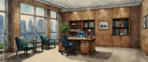 for advertisement and banner as Executive Essence The executive office essence rendered in watercolor elegance. in watercolor office room theme ,Full depth of field, high quality ,include copy space o