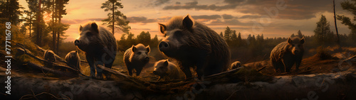 Group of boars running in the forest river with setting sun. Horizontal, banner. photo