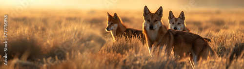 Dingo family standing in front of the camera in the rocky plains with setting sun. Group of wild animals in nature. Horizontal, banner. photo