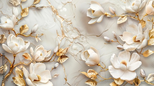 3d wallpaper with golden and white flowers, white background © EnelEva
