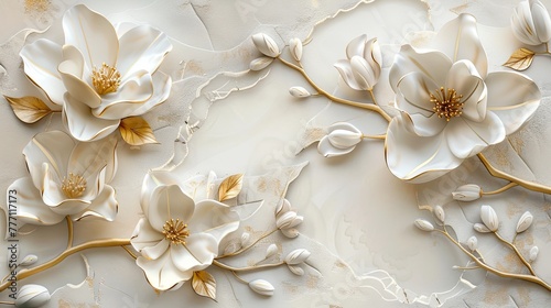 3d wallpaper with golden and white flowers, white background