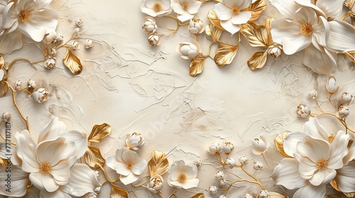 3d wallpaper with golden and white flowers, white background