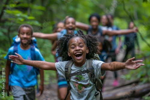 A group of African American children walking through a forest, exploring nature and engaging in outdoor activities