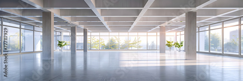 3d rendering empty room with glass wall and floor Symmetrical Building Windows