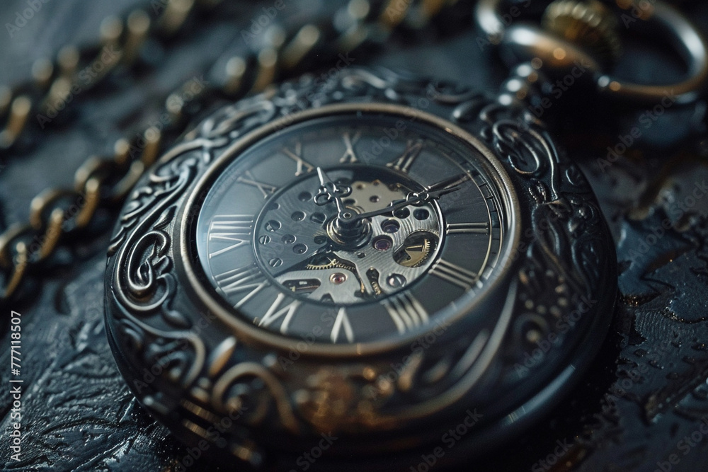 An exquisite 4K image of a vintage pocket watch, with intricate details on its face and chain, capturing the essence of timeless elegance.